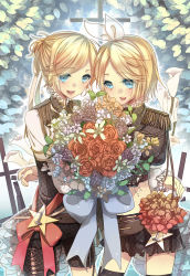 Rule 34 | 1boy, 1girl, aqua eyes, bad id, bad pixiv id, belt, blonde hair, bouquet, brother and sister, cross, flower, hair ribbon, kagamine len, kagamine rin, navel, nicohi, open mouth, red flower, red rose, ribbon, rose, short hair, shorts, siblings, skirt, smile, twins, uniform, vocaloid