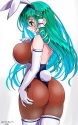 Rule 34 | 1girl, animal ears, ass, blush, bodysuit, bodysuit under clothes, breasts, brown bodysuit, closed mouth, commentary request, cowboy shot, elbow gloves, fake animal ears, fake tail, frog hair ornament, gloves, green eyes, green hair, hair between eyes, hair ornament, hair tubes, highres, huge breasts, kochiya sanae, leotard, long hair, looking to the side, open mouth, playboy bunny, rabbit ears, rabbit tail, simple background, snake hair ornament, solo, strapless, strapless leotard, sweat, tail, thighhighs, touhou, white background, white gloves, yamaguchi yuu