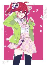 Rule 34 | 1girl, ahoge, argyle, argyle bow, argyle bowtie, argyle clothes, argyle skirt, black thighhighs, bow, bowtie, cardigan, commentary request, drill hair, flower, green cardigan, kasane teto, looking up, open mouth, panda, pink background, pink bow, pink bowtie, pink skirt, red eyes, sailor collar, shirt, simple background, skirt, solo, thighhighs, twin drills, twintails, utau, v, v over eye, white background, white sailor collar, white shirt, yoshiki