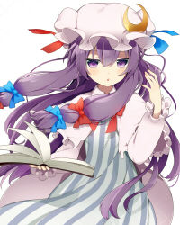 Rule 34 | 1girl, book, bow, crescent, crescent hair ornament, dyumo (moffri), hair bow, hair ornament, hat, long hair, patchouli knowledge, purple eyes, purple hair, solo, touhou, very long hair, white background