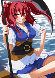 Rule 34 | 1girl, breasts, check commentary, cleavage, commentary request, eichi yuu, female focus, hair bobbles, hair ornament, highres, large breasts, onozuka komachi, puffy sleeves, red eyes, red hair, river, sash, scythe, shirt, sitting, skirt, smile, solo, touhou, twintails, two side up, water, wind