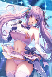 Rule 34 | 1girl, bare shoulders, blush, bow, bowtie, breasts, cleavage, commentary request, detached collar, elbow gloves, gloves, hair ornament, highres, holding, holding microphone, idol, large breasts, liya, long hair, looking at viewer, microphone, navel, original, panties, parted lips, partial commentary, purple bow, purple bowtie, purple eyes, purple panties, purple thighhighs, smile, solo, thighhighs, thighs, twintails, underwear, white gloves, yellow eyes