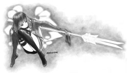 Rule 34 | 1boy, asymmetrical legwear, bad id, bad twitter id, blunt bangs, blunt ends, closed mouth, commission, commissioner upload, gretel (sinoalice), greyscale, highres, holding, holding polearm, holding weapon, long hair, long sleeves, looking away, male focus, mask, monochrome, mouth mask, polearm, raw gummy, shirt, sidelocks, sinoalice, sitting, solo, surgical mask, t-shirt, thighhighs, trap, weapon, zettai ryouiki