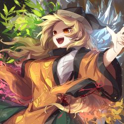Rule 34 | 1girl, autumn leaves, black hat, blonde hair, blouse, detached sleeves, hat, highres, ice, kozakura (dictionary), layered clothes, long hair, matara okina, open mouth, orange eyes, outstretched arms, plant, seasons, shirt, solo, spread arms, tabard, teeth, touhou, upper teeth only, white shirt