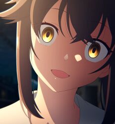 Rule 34 | 1girl, brown hair, crazy eyes, highres, open mouth, otonari-san (sasaki to p-chan), sasaki to p-chan, shaded face, smile, solo, stitched, third-party edit, yandere, yellow eyes