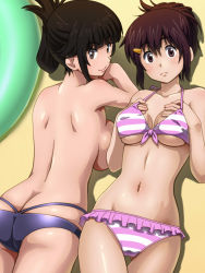 Rule 34 | 10s, 2girls, ass, awa, beach, bikini, breasts, brown eyes, brown hair, butt crack, folded ponytail, frilled bikini, frills, hair ornament, hairclip, hands on own chest, head rest, large breasts, long hair, looking at viewer, lying, majin bone, multiple girls, on back, on stomach, ponytail, ryuujin tomoko, shimatani saho, smile, striped bikini, striped clothes, swimsuit, topfreedom, topless, underboob