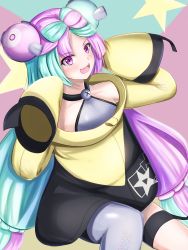 Rule 34 | 1girl, :d, absurdres, blush, collarbone, commentary request, creatures (company), game freak, green hair, grey pantyhose, grey shirt, hands up, highres, iono (pokemon), jacket, kanaoki, long hair, nintendo, open mouth, pantyhose, pokemon, pokemon sv, purple eyes, purple hair, sharp teeth, shirt, single leg pantyhose, sleeveless, sleeveless shirt, sleeves past fingers, sleeves past wrists, smile, solo, teeth, thigh strap, tongue, upper teeth only, yellow jacket