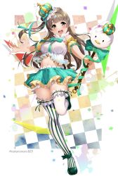 Rule 34 | 1girl, :d, absurdres, breasts, brown hair, checkered background, crown, full body, green ribbon, green skirt, highres, holding, holding scepter, long hair, looking at viewer, love live!, love live! school idol project, medium breasts, midriff, minami kotori, nakano maru, navel, open mouth, ribbon, round teeth, scepter, side ponytail, skirt, smile, solo, standing, standing on one leg, striped clothes, striped thighhighs, teeth, thighhighs, thighs, twitter username, upper teeth only, vertical-striped clothes, vertical-striped thighhighs, white thighhighs, yellow eyes, zettai ryouiki