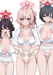 Rule 34 | 3girls, absurdres, ahoge, animal ears, black hair, blue archive, blue eyes, blurry, blurry background, blush, breasts, cleavage, closed eyes, collarbone, commentary request, fffukuzawa, fundoshi, hair between eyes, hair bun, halo, highres, japanese clothes, kaede (blue archive), large breasts, long hair, looking at viewer, medium breasts, mimori (blue archive), multiple girls, navel, one eye closed, open mouth, pink hair, red halo, shirt, short hair, simple background, single side bun, smile, solo focus, standing, tied shirt, tongue, tsubaki (blue archive), white background, white shirt