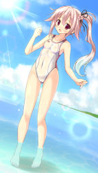 Rule 34 | 10s, 1girl, asics, blue hair, blush, breasts, competition swimsuit, covered erect nipples, gradient hair, harusame (kancolle), hizuki aki, kantai collection, multicolored hair, nipples, one-piece swimsuit, open mouth, red eyes, see-through, side ponytail, silver hair, small breasts, soaking feet, solo, swimsuit, wading, water