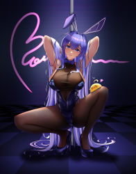 Rule 34 | 1girl, absurdres, animal ears, arms behind head, ass, azur lane, blue eyes, blue hair, blue leotard, bodystocking, bow, bowtie, breasts, cleavage, crotch, dancer, fake animal ears, groin, halterneck, high heels, highres, large breasts, leotard, long hair, looking at viewer, navel, new jersey (azur lane), new jersey (exhilarating steps!) (azur lane), official alternate costume, pantyhose, playboy bunny, pole, rabbit ears, seductive smile, see-through, see-through cleavage, skindentation, sky wbo, smile, solo, spread legs, squatting, stripper, stripper pole, thick thighs, thighs, undersized clothes, very long hair