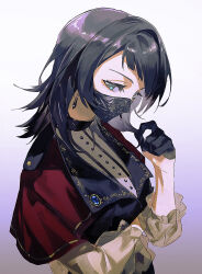 1girl bang_dream! bang_dream!_it&#039;s_mygo!!!!! black_gloves black_hair black_mask capelet chinese_commentary commentary_request earrings gloves gradient_background grey_background half_gloves hand_up jewelry long_sleeves looking_at_viewer mask masquerade_mask medium_hair mo_(ine_mao) mouth_mask red_capelet see-through_clothes see-through_sleeves solo timoris_(bang_dream!) upper_body yahata_umiri