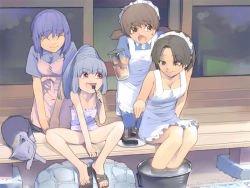 Rule 34 | 4girls, akinbo (hyouka fuyou), apron, barefoot, between toes, blue hair, bottomless, breasts, brown eyes, brown hair, cake, cat, cleavage, closed eyes, drinking, eating, feet, food, fork, hair bun, hair up, long hair, maid, maid apron, maid headdress, medium breasts, multiple girls, naked apron, nervous, no panties, open mouth, outdoors, pitcher (container), red eyes, sandals, serving, shoes, short hair, single shoe, sitting, sleeping, small breasts, smile, soaking, soaking feet, sweatdrop, veranda, water