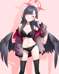 Rule 34 | 1girl, ^ ^, absurdres, bare shoulders, black bra, black hair, black panties, black thighhighs, black wings, blue archive, bra, breasts, bucho sama, character name, closed eyes, facing viewer, feathered wings, hair ornament, hairclip, halo, highres, ichika (blue archive), jacket, long hair, navel, off shoulder, panties, shadow, single sleeve past fingers, smile, solo, thighhighs, underwear, variant set, wings