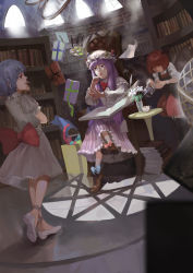 Rule 34 | 3girls, absurdres, adapted costume, alternate hair length, alternate hairstyle, ankle strap, black legwear, black vest, blue hair, blunt bangs, bob cut, book, book stack, bookshelf, boots, bow, box, brown footwear, chair, collared shirt, crescent, crescent pin, crossed legs, cup, demon wings, dress, faceless, finger to mouth, floating, floating object, footwear bow, frilled dress, frills, from side, garter straps, gift, glasses, half-closed eyes, hand up, hat, hat ornament, head wings, highres, indoors, ink bottle, jiliang ji ying, koakuma, library, light rays, long hair, long sleeves, looking at another, mob cap, monocle, multiple girls, no headwear, no wings, open book, open hand, open mouth, paintbrush, paper, patchouli knowledge, perspective, pince-nez, plant, pointy nose, potted plant, pouring, puffy short sleeves, puffy sleeves, purple dress, purple eyes, purple hair, quill, railing, red hair, red skirt, remilia scarlet, ribbon, room, shadow, shirt, shoes, short hair, short sleeves, sidelocks, sitting, skirt, smile, standing, striped clothes, striped dress, table, tea, teacup, teapot, thighhighs, touhou, vase, very long hair, vest, voile, white dress, white legwear, white shirt, wind, wings