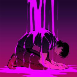 Rule 34 | 1boy, bad id, bad pixiv id, bent over, cross, cross necklace, fate/zero, fate (series), gradient background, j (onjj), jewelry, kneeling, kotomine kirei, male focus, necklace, purple theme, slime (substance), solo