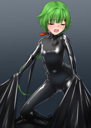Rule 34 | 1girl, alternate costume, black bodysuit, bodysuit, breasts, closed eyes, green hair, hair ornament, hairclip, highres, kantai collection, latex, latex bodysuit, long hair, low ponytail, noumi (kancolle), open mouth, round teeth, skin tight, small breasts, solo, teeth, very long hair, wata nuki