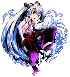 Rule 34 | 1girl, afolo, bad id, bad pixiv id, blue fire, fire, fujiwara no mokou, full body, hair ribbon, hand in pocket, high ponytail, jumping, long hair, open mouth, pants, pink eyes, ponytail, red pants, ribbon, simple background, solo, torn clothes, torn sleeve, touhou, urban legend in limbo, very long hair, white hair