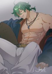 Rule 34 | 1boy, abs, absurdres, bara, bare pectorals, bulge, chikuwa (dr0603), come hither, feet out of frame, green hair, head tilt, highres, jacket, joe (sk8), large pectorals, looking at viewer, male focus, medium hair, muscular, muscular male, navel, necklade, no nipples, off shoulder, open clothes, open jacket, pectorals, seductive smile, single bare shoulder, sitting, sk8 the infinity, smile, solo, spread legs, stomach