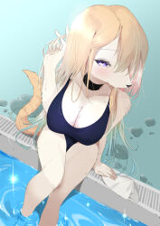 Rule 34 | 1girl, arm support, black choker, blonde hair, blue one-piece swimsuit, blush, breasts, choker, cleavage, collarbone, dog girl, dog tail, furry, furry female, highres, large breasts, looking at viewer, one-piece swimsuit, original, pool, poolside, purple eyes, refraction, school swimsuit, sitting, soaking feet, swimsuit, tail, tongue, tongue out, yongen yu