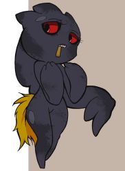 Rule 34 | 1girl, banette, black eyes, black skin, brown background, colored sclera, colored skin, creatures (company), eyelashes, female focus, full body, game freak, gen 3 pokemon, half-closed eyes, hands up, legs together, looking to the side, minashirazu, nintendo, parted lips, pokemon, pokemon (creature), red sclera, simple background, solo, standing, tail, teeth, two-tone background, zipper pull tab