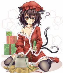 Rule 34 | 1girl, :o, ?, alternate costume, animal ears, black thighhighs, bra strap, brown eyes, brown hair, cat ears, cat girl, cat tail, caution tape, chen, christmas, collarbone, female focus, gift, hat, highres, monikano, multiple tails, off shoulder, remote control vibrator, santa costume, sex toy, short hair, sitting, solo, strap slip, tail, thighhighs, touhou, unwrapping, vibrator, wariza, yellow eyes