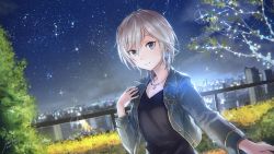 Rule 34 | 1girl, anastasia (idolmaster), anbe yoshirou, backlighting, black shirt, blue eyes, breast pocket, buttons, denim, denim jacket, dutch angle, earrings, fence, highres, idolmaster, idolmaster cinderella girls, jacket, jewelry, long sleeves, necklace, night, night sky, open clothes, open jacket, outdoors, outstretched arm, pendant, pocket, pov, shirt, short hair, silver hair, sky, smile, solo, sparkle, star (sky), starry sky, tree, tsurime, unbuttoned, upper body, v-neck