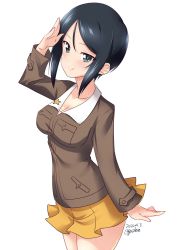 Rule 34 | 1girl, aged down, black eyes, black hair, breasts, brown jacket, chi-hatan military uniform, chouno ami, cleavage, closed mouth, commentary, cowboy shot, dated, girls und panzer, highres, jacket, kuzuryuu kennosuke, long sleeves, looking at viewer, medium breasts, military, military uniform, miniskirt, one-hour drawing challenge, pleated skirt, salute, short hair, sidelocks, simple background, skirt, smile, solo, standing, star (symbol), swept bangs, twitter username, uniform, white background, yellow skirt