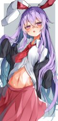 Rule 34 | 1girl, :o, absurdres, blurry, border, breasts, bright pupils, crossed bangs, depth of field, floppy sleeves, hair between eyes, highres, long hair, looking at viewer, midriff, navel, necktie, open mouth, outside border, pink skirt, purple eyes, purple hair, red necktie, reisen udongein inaba, shirt, simple background, skirt, sleeves past fingers, sleeves past wrists, small breasts, solo, touhou, tsune (tune), very long hair, white background, white border, white pupils, white shirt, wing collar