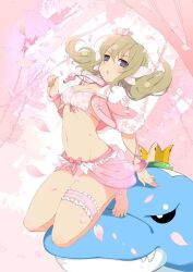 Rule 34 | 1girl, alternate costume, animal, anklet, barefoot, bikini, blonde hair, blush, bow, breasts, cherry blossoms, choker, cleavage, cropped jacket, crown, diamond mouth, dolphin, fang, floating hair, floral print, flower, frilled anklet, frilled skirt, frills, front-tie bikini top, front-tie top, groin, hair between eyes, hair flower, hair ornament, jacket, jewelry, kafuru (senran kagura), lens flare, looking at viewer, low twintails, luka (senran kagura), medium breasts, midriff, mini crown, navel, official art, open mouth, pink bikini, pink bow, pink bracelet, pink choker, pink flower, pink jacket, purple eyes, ribbon, senran kagura, senran kagura estival versus, senran kagura new wave, skirt, solo, sparkle, stomach, swimsuit, thigh strap, twintails, v-shaped eyebrows, whistle, whistle around neck, yaegashi nan