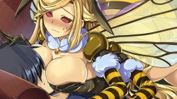 Rule 34 | 1boy, 1girl, ancient greek clothes, antennae, arthropod girl, artist request, bee girl, between breasts, black leotard, blonde hair, blush, breasts, chiton, cleavage, compound eyes, couch, extra arms, face between breasts, game cg, head between breasts, hetero, insect girl, insect wings, large breasts, leotard, long hair, lying on person, monster musume no iru nichijou, monster musume no iru nichijou online, neck ruff, official art, queen (monster musume), striped clothes, striped thighhighs, sweatdrop, swept bangs, thighhighs, wavy mouth, wings