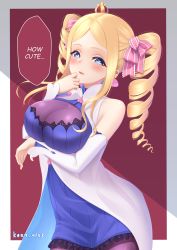 Rule 34 | absurdres, aged up, alternate breast size, bare shoulders, beatrice (re:zero), blonde hair, blue eyes, blush, bodystocking, bodysuit, breasts, butterfly-shaped pupils, cleavage, cleavage cutout, clothing cutout, coat, commission, cosplay, crown, detached sleeves, drill hair, english text, frills, hand to own mouth, highres, kenn artz, large breasts, lips, long hair, looking at viewer, minerva (re:zero), mini crown, open mouth, pantyhose, re:zero kara hajimeru isekai seikatsu, second-party source, sidelocks, speech bubble, symbol-shaped pupils, twin drills, white coat