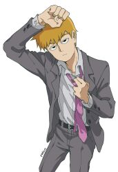 Rule 34 | 1boy, adjusting clothes, adjusting necktie, arm up, artist name, belt, black belt, black eyes, blonde hair, clenched hand, closed mouth, findoworld, grey jacket, grey pants, half-closed eyes, hand on own head, highres, jacket, lapels, light frown, looking up, male focus, mob psycho 100, necktie, open clothes, open jacket, pants, perspective, purple necktie, reigen arataka, sanpaku, shirt, shirt tucked in, short hair, simple background, sleeve cuffs, solo, standing, very short hair, white background, white shirt