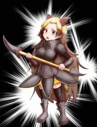 Rule 34 | 10s, 1girl, animal ears, armor, armored boots, black background, blonde hair, boots, brown hair, full body, grey eyes, kain ty, kemono friends, long hair, multicolored hair, open mouth, polearm, rhinoceros ears, solo, spear, sumatran rhinoceros (kemono friends), teeth, thighhighs, two-tone hair, weapon