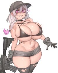 Rule 34 | 1girl, assault rifle, baseball cap, bikini, bikini top only, black bikini, black choker, black thighhighs, breasts, choker, commentary, curvy, gloves, gradient hair, grey gloves, grey hat, grey shorts, grin, gun, hat, heart, highres, holding, holding gun, holding weapon, huge breasts, kelvin hiu, looking at viewer, micro shorts, multicolored hair, navel, notice lines, original, pink eyes, pink hair, rifle, sharp teeth, shorts, sideways glance, simple background, smile, solo, swimsuit, teeth, thighhighs, torn clothes, torn thighhighs, trigger discipline, two-tone hair, violet (kelvin hiu), weapon, white background