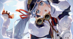 Rule 34 | 1girl, :o, animal, binoculars, black coat, black eyes, black gloves, black necktie, blue eyes, blue hair, chinese commentary, cloud, coat, commentary, crab, day, eyewear around neck, fur-trimmed coat, fur-trimmed hood, fur trim, gloves, hat, hatsune miku, highres, holding, holding binoculars, hood, jacket, leaning to the side, lens flare, long hair, looking at viewer, military, military uniform, nanasun (nnsn02777), naval uniform, necktie, open mouth, outdoors, outstretched arm, peaked cap, rabbit, rabbit yukine, red shirt, shirt, snow, snowflake print, solo, teeth, twintails, uniform, upper teeth only, v-shaped eyes, variant set, vocaloid, wavy hair, white hair, white hat, white jacket, yuki miku, yuki miku (2022)