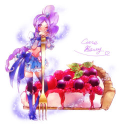 Rule 34 | 00s, 1girl, aono miki, black thighhighs, blue footwear, blue skirt, blueberry, boots, character name, choker, cure berry, food, fork, fresh precure!, fruit, hair ornament, hairband, heart, heart hair ornament, knee boots, kuzumochi, long hair, magical girl, midriff, name connection, navel, object namesake, one eye closed, pie, precure, purple eyes, purple hair, raspberry, ribbon, skirt, smile, solo, thighhighs, wink