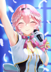 Rule 34 | 1girl, absurdres, arm up, armpits, back bow, black hairband, bow, bowtie, breasts, cleavage, cleavage cutout, closed eyes, clothing cutout, cropped jacket, earrings, falling feathers, feathers, gloves, gold trim, hairband, head wings, highres, holding, holding microphone, hololive, idol, idol clothes, jewelry, large breasts, mary is mine, microphone, pink bow, pink bowtie, pink hair, pom pom (clothes), pom pom earrings, short hair, solo, takane lui, two-tone dress, upper body, virtual youtuber, white bow, white gloves, wings