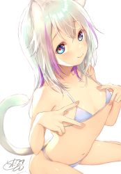 Rule 34 | 1girl, animal ears, bare arms, bare shoulders, bikini, blue bikini, blue eyes, blush, breasts, cat ears, cat girl, cat tail, chita (ketchup), closed mouth, commentary request, double v, hair between eyes, hands up, highres, looking at viewer, multicolored hair, navel, original, purple hair, signature, silver hair, simple background, sitting, small breasts, smile, solo, streaked hair, swimsuit, tail, v, wariza, white background