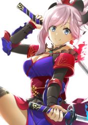 Rule 34 | 1girl, blue eyes, blue kimono, breasts, detached sleeves, earrings, fate/grand order, fate (series), hair ornament, japanese clothes, jewelry, katana, kimono, large breasts, looking at viewer, miyamoto musashi (fate), miyamoto musashi (second ascension) (fate), pink hair, pinta (ayashii bochi), ponytail, sash, simple background, sleeveless, sleeveless kimono, smile, solo, sword, thighhighs, weapon