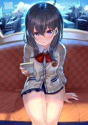 Rule 34 | 10s, 1girl, arm support, blue skirt, blue sky, blush, bow, brown hair, cardigan, cellphone, cityscape, closed mouth, cloud, cloudy sky, collared shirt, commentary request, earbuds, earphones, gridman universe, hair between eyes, highres, holding, holding phone, indoors, long hair, looking at viewer, miniskirt, phone, pleated skirt, purple eyes, red bow, shirt, sitting, skirt, sky, solo, ssss.gridman, takarada rikka, twitter username, white cardigan, white shirt, window, xephonia