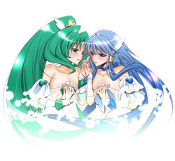 Rule 34 | 10s, 2girls, aoki reika, bare shoulders, blue eyes, blue hair, blush, cure beauty, cure beauty (princess form), cure march, cure march (princess form), eye contact, green eyes, green hair, holding hands, long hair, looking at another, magical girl, midorikawa nao, multiple girls, ponytail, precure, simple background, smile precure!, takano saku, very long hair, white background, yuri