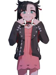 Rule 34 | 1girl, aoi (altea0923), asymmetrical bangs, backpack, bag, black choker, black hair, black jacket, blush, choker, closed mouth, collarbone, commentary request, creatures (company), dress, eyelashes, fingersmile, game freak, green eyes, hair ribbon, highres, jacket, looking at viewer, marnie (pokemon), nintendo, open clothes, open jacket, pink dress, pokemon, pokemon swsh, red bag, red ribbon, ribbon, short hair, smile, solo, split mouth, twintails