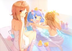 Rule 34 | &gt; &lt;, 10s, 3girls, :d, ;d, absurdres, anmi, bathing, bathtub, blue eyes, blue hair, brown hair, closed eyes, fantasista doll, highres, katia (fantasista doll), looking at viewer, multiple girls, naked towel, nude, object on head, one eye closed, open mouth, rubber duck, same-sex bathing, scan, shared bathing, siblings, sisters, smile, towel, twintails, two side up, uno miko, uno uzume, water, wink