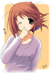 Rule 34 | 00s, 1girl, blue eyes, blush, covering own mouth, folded ponytail, hair ornament, hairclip, hand over mouth, hand over own mouth, komaki manaka, long sleeves, lowres, mizoguchi keiji, one eye closed, orange hair, red hair, short hair, solo, to heart (series), to heart 2, translated, wink