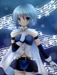 Rule 34 | absurdres, belt, belt buckle, blue skirt, buckle, cape, detached sleeves, eighth note, fortissimo, gloves, grief seed, hair ornament, hand on own chest, highres, looking at viewer, magical girl, mahou shoujo madoka magica, mahou shoujo madoka magica (anime), mahou shoujo madoka magica movie 1 &amp; 2, miki sayaka, musical note, musical note hair ornament, quaver, semiquaver, sixteenth note, skirt, solo, staff (music), star (symbol), tagme, white cape, white gloves