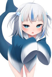Rule 34 | 1girl, absurdres, ahoge, blue eyes, blue hair, blue hoodie, blush, fins, fish tail, gawr gura, gawr gura (1st costume), grey hair, hair ornament, highres, hololive, hololive english, hood, hoodie, looking at viewer, medium hair, multicolored hair, open mouth, shark girl, shark tail, shuka (imagesyurrrr), sleeves past fingers, sleeves past wrists, solo, star (symbol), star hair ornament, streaked hair, tail, two side up, virtual youtuber, white background