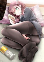 Rule 34 | 1girl, @ @, between legs, black pantyhose, blush, bottle, breasts, brown hair, cellphone, collared shirt, crotch seam, feet, foreshortening, green eyes, grey jacket, grey skirt, hair between eyes, hand between legs, holding, holding phone, jacket, long hair, long sleeves, lying, office lady, on side, oouso, open mouth, original, panties, panties under pantyhose, pantyhose, pencil skirt, phone, pillow, shirt, sidelocks, skirt, smartphone, solo, thighband pantyhose, underwear, white panties, white shirt