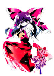 Rule 34 | 1girl, bow, detached sleeves, dress, female focus, full body, hair bow, hakurei reimu, long hair, long sleeves, looking at viewer, purple eyes, purple hair, red bow, red dress, rei (artist), rei (rei&#039;s room), ribbon-trimmed sleeves, ribbon trim, simple background, solo, text focus, touhou, very long hair, white background