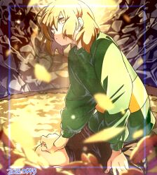 Rule 34 | 1other, black shorts, blonde hair, blurry, blurry background, chara (undertale), closed mouth, dated, falling petals, fingernails, green sweater, hand on own leg, kuga hotaru, long sleeves, looking to the side, petals, short hair, shorts, single horizontal stripe, solo, sweater, undertale, yellow eyes